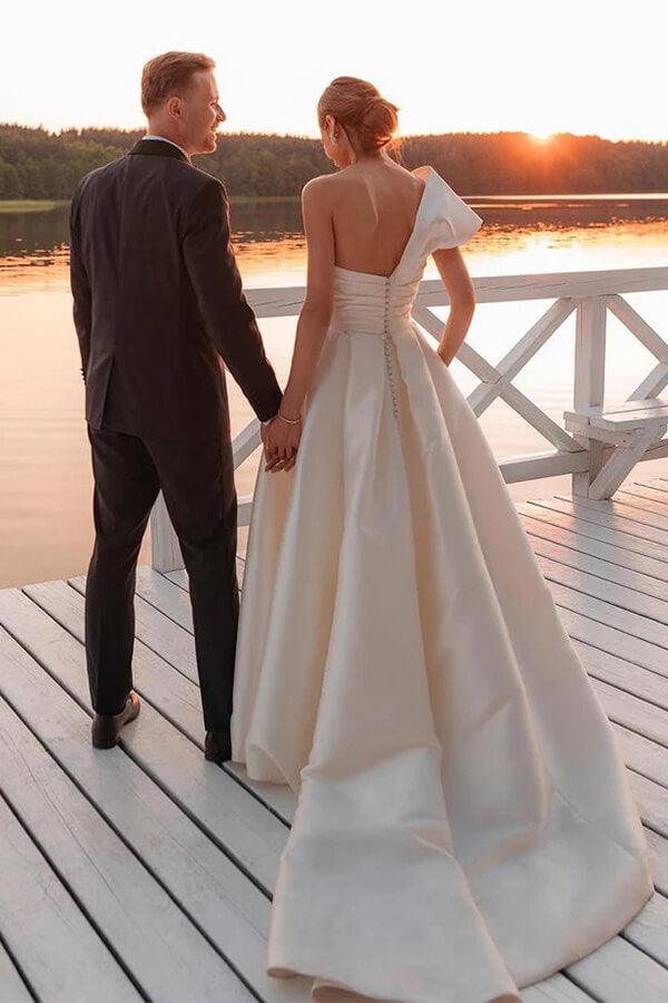 NumberSea Vintage Satin One Shoulder Ball Gown Wedding Dresses With Train, MW1015