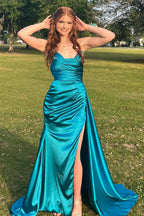 Peacock Green Strapless Mermaid Satin Long Prom Dress with Slit