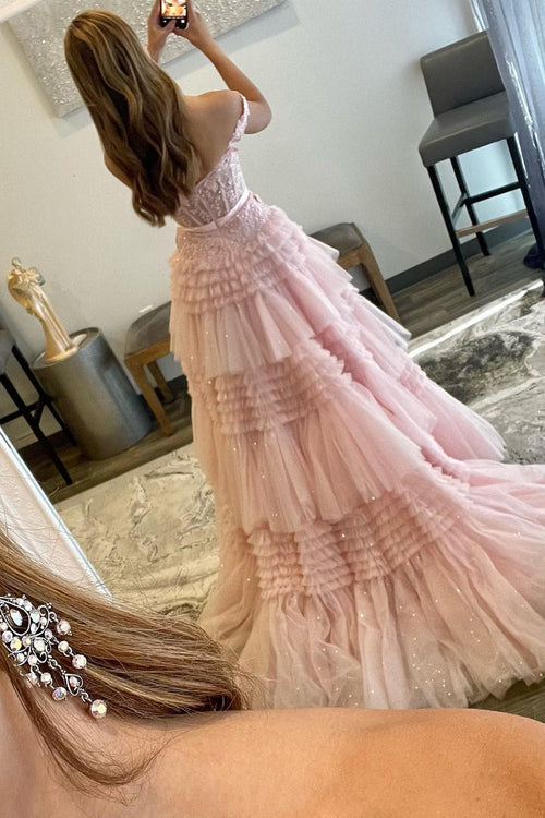 A Line Off the Shoulder Light Pink Long Prom Dress with Ruffles