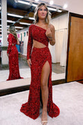 One Shoulder Red Sequins Long Prom Dress with Silt