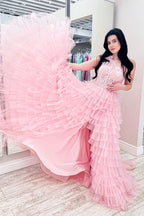 A Line One Shoulder Tiered Long Prom Dress