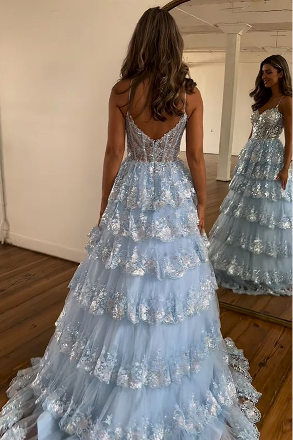 A Line Spaghetti Straps Tiered Lace Prom Dress