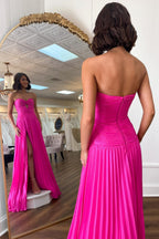 A-Line Sweetheart Pleated Long Prom Dress with Slit