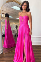 A-Line Sweetheart Pleated Long Prom Dress with Slit