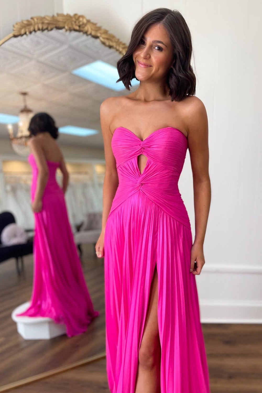 A-Line Sweetheart Pleated Long Prom Dress with Slit