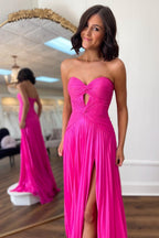 A-Line Sweetheart Pleated Long Prom Dress with Slit