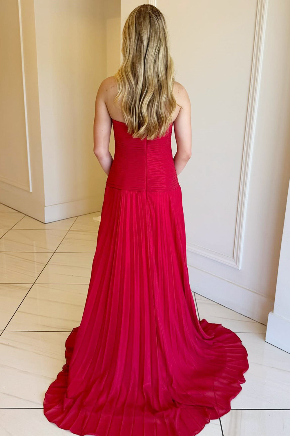 A-Line Sweetheart Pleated Long Prom Dress with Slit