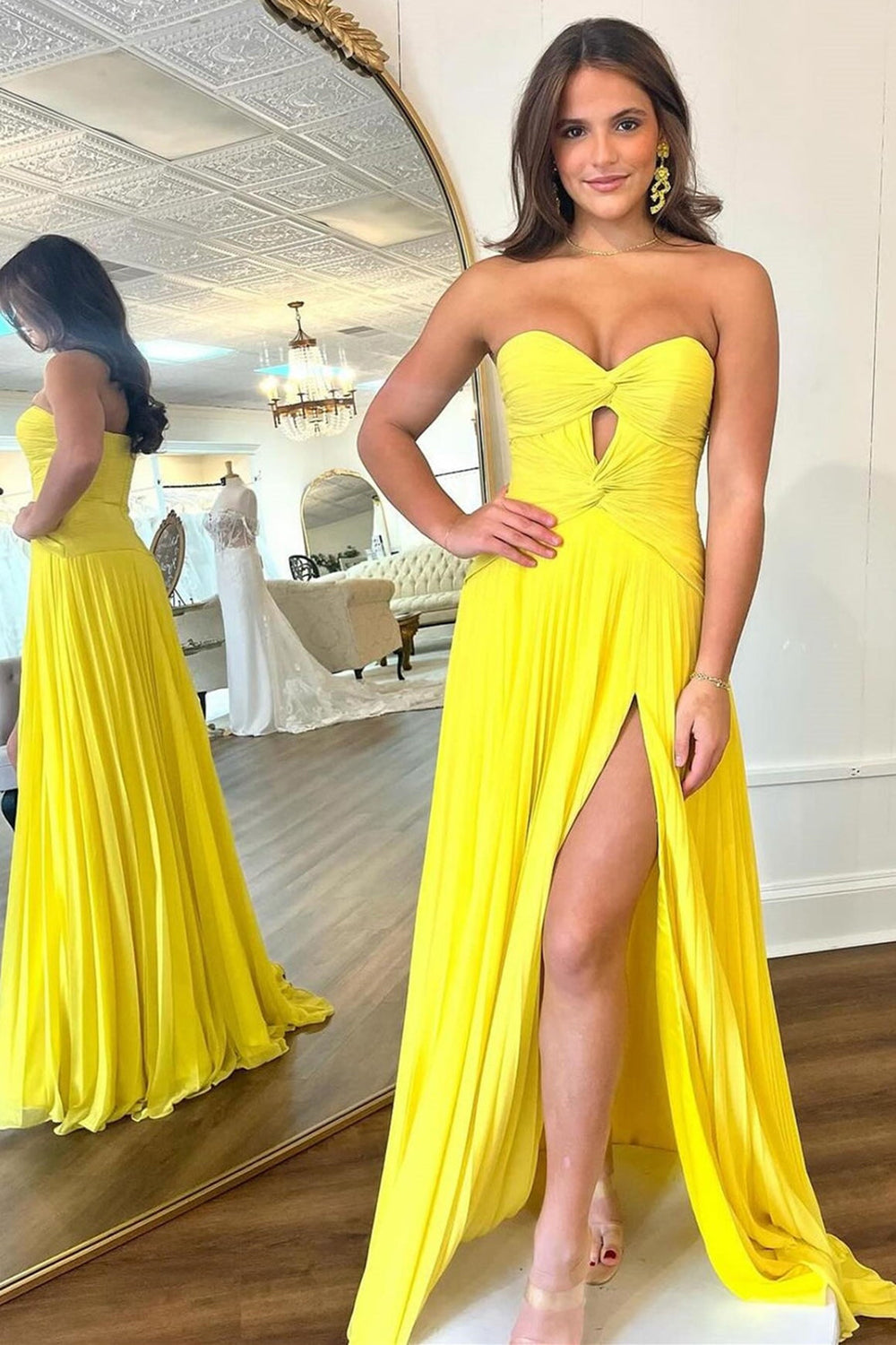 A-Line Sweetheart Pleated Long Prom Dress with Slit
