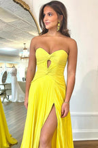 A-Line Sweetheart Pleated Long Prom Dress with Slit