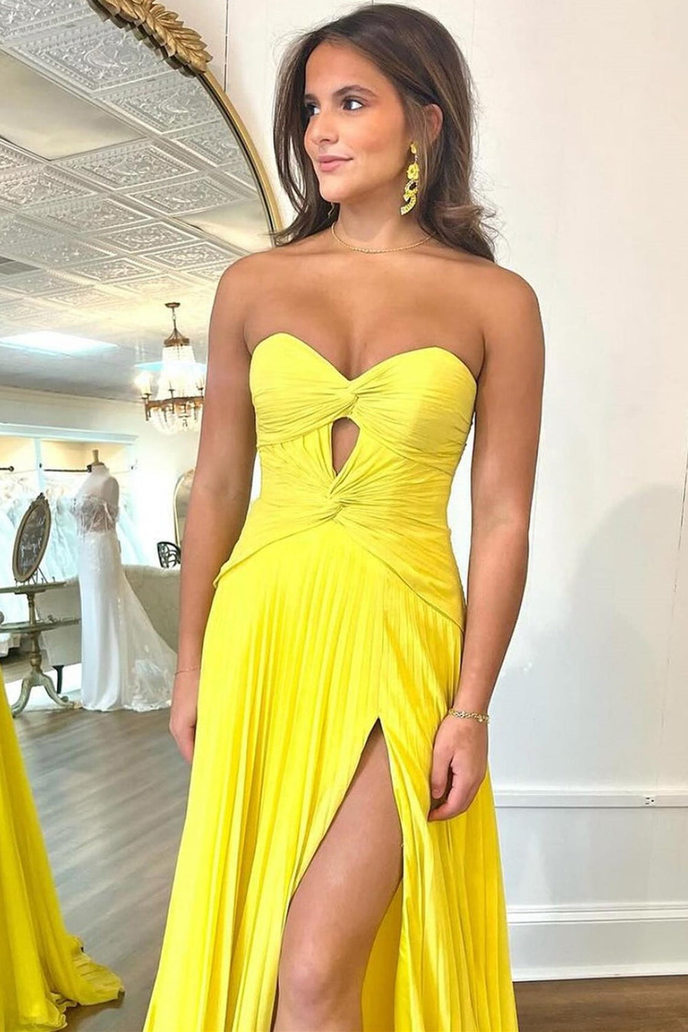 A-Line Sweetheart Pleated Long Prom Dress with Slit