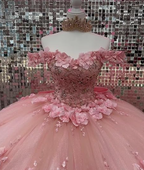 Pink Off Shoulder Ball Gown Quinceanera Dresses 3D Appliques Corset Dress Y6791