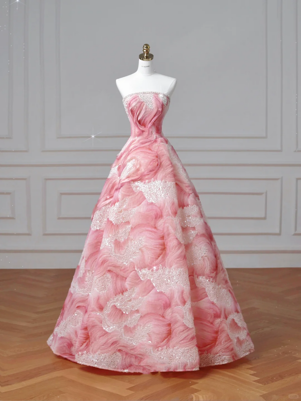Dream Pink Strapless Satin Print Sequins Prom Dress Princess Birthday Ball Gown Y8604