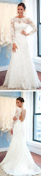 NumberSea White Long Sleeve Lace Round Neck Backless Mermaid Wedding Dresses, MW242