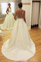 NumberSea White Beaded Deep V Neckline A-line Backless Long Wedding Dresses, MW214
