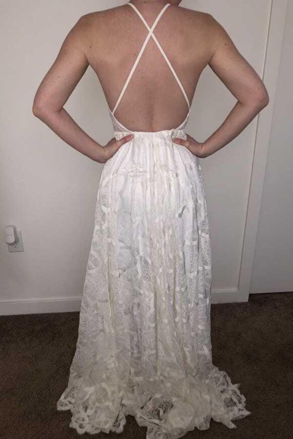 NumberSea White A-line Halter Sweep Train Lace Wedding Dresses, Wedding Gowns