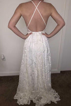 NumberSea White A-line Halter Sweep Train Lace Wedding Dresses, Wedding Gowns
