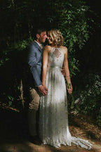 NumberSea White A-line Halter Sweep Train Lace Wedding Dresses, Wedding Gowns