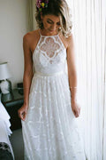 NumberSea White A-line Halter Sweep Train Lace Wedding Dresses, Wedding Gowns