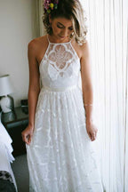 NumberSea White A-line Halter Sweep Train Lace Wedding Dresses, Wedding Gowns