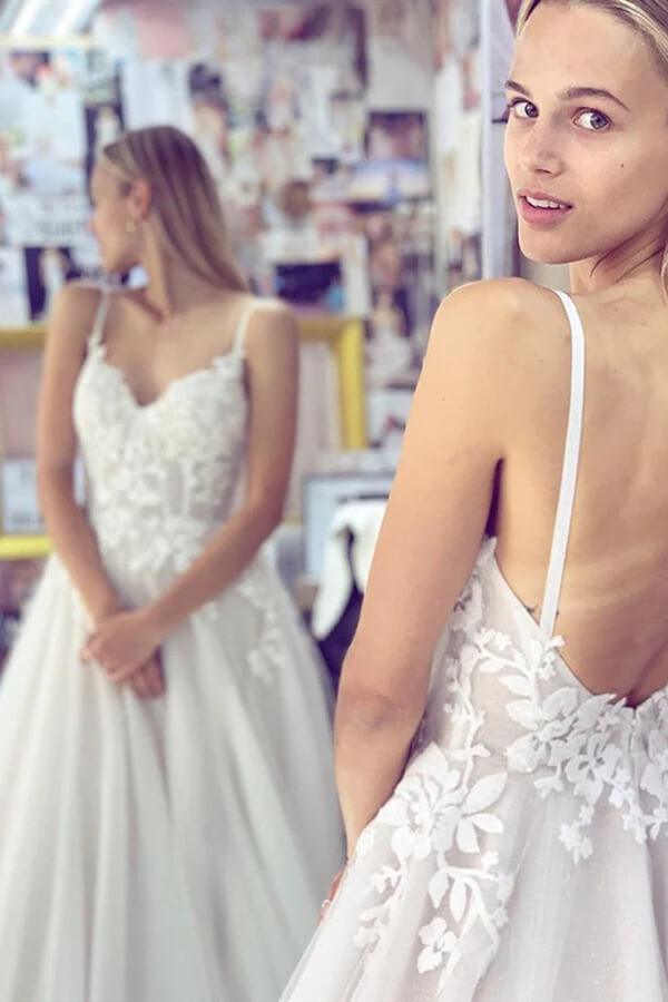 NumberSea White A-line Sweetheart Spaghetti Straps Backless Lace Wedding Dresses