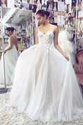 NumberSea White A-line Sweetheart Spaghetti Straps Backless Lace Wedding Dresses