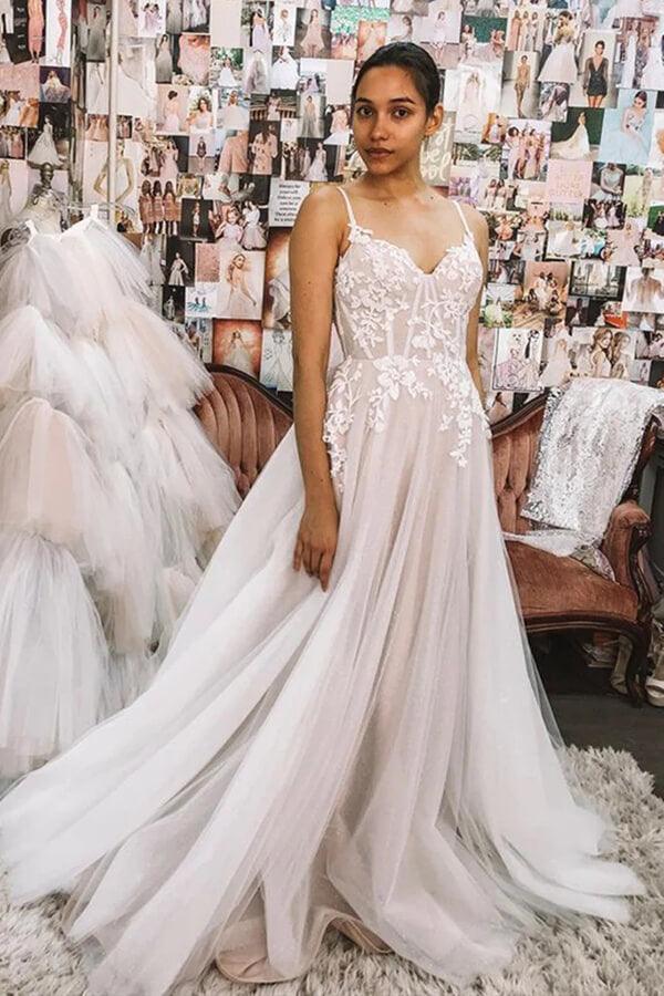 NumberSea White A-line Sweetheart Spaghetti Straps Backless Lace Wedding Dresses