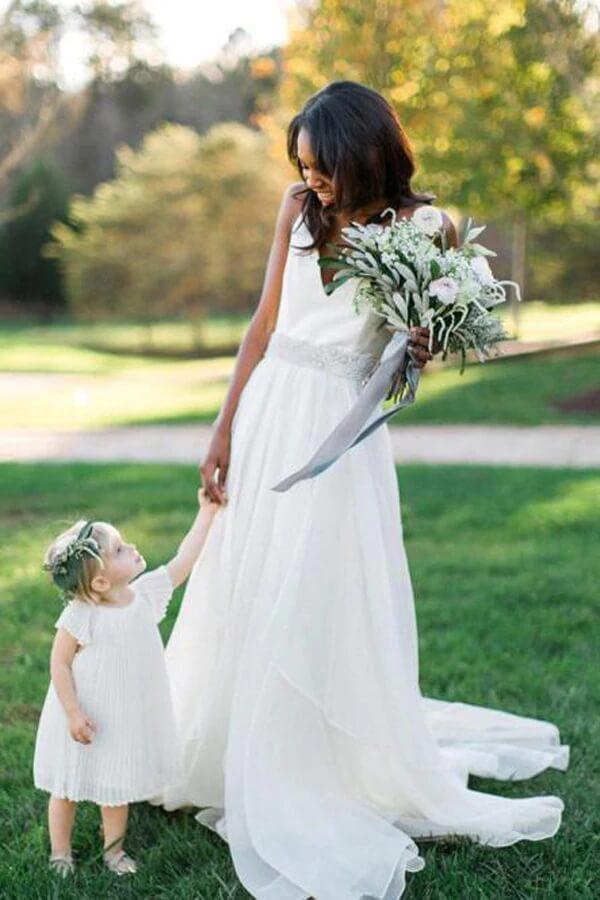 NumberSea White Chiffon A-line V-neck Beaded Wedding Dresses, Wedding Gowns, MW702