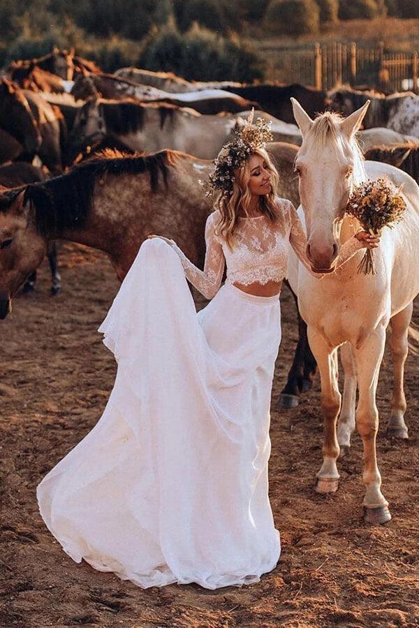 NumberSea White Chiffon Boho Two Pieces Long Sleeves Lace Wedding Dresses