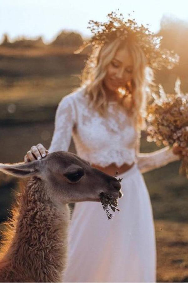 NumberSea White Chiffon Boho Two Pieces Long Sleeves Lace Wedding Dresses