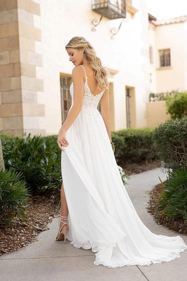 NumberSea White Chiffon Lace A-line Spaghetti Straps Flowy Beach Wedding Dresses