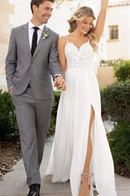 NumberSea White Chiffon Lace A-line Spaghetti Straps Flowy Beach Wedding Dresses