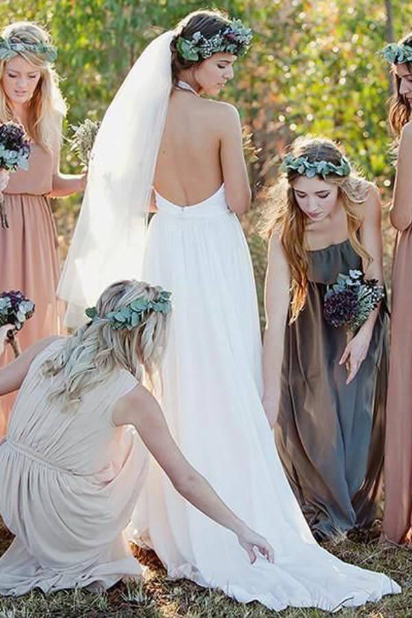 NumberSea White Lace Chiffon A-line Halter Neck Backless Wedding Dresses With Train