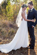 NumberSea White Lace Chiffon A-line Halter Neck Backless Wedding Dresses With Train