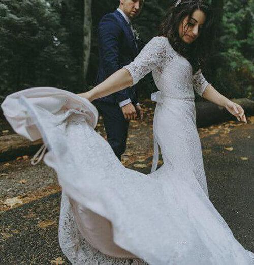NumberSea White Lace Mermaid Half Sleeves V-neck Wedding Dresses, Bridal Gown