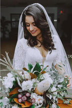 NumberSea White Lace Mermaid Half Sleeves V-neck Wedding Dresses, Bridal Gown