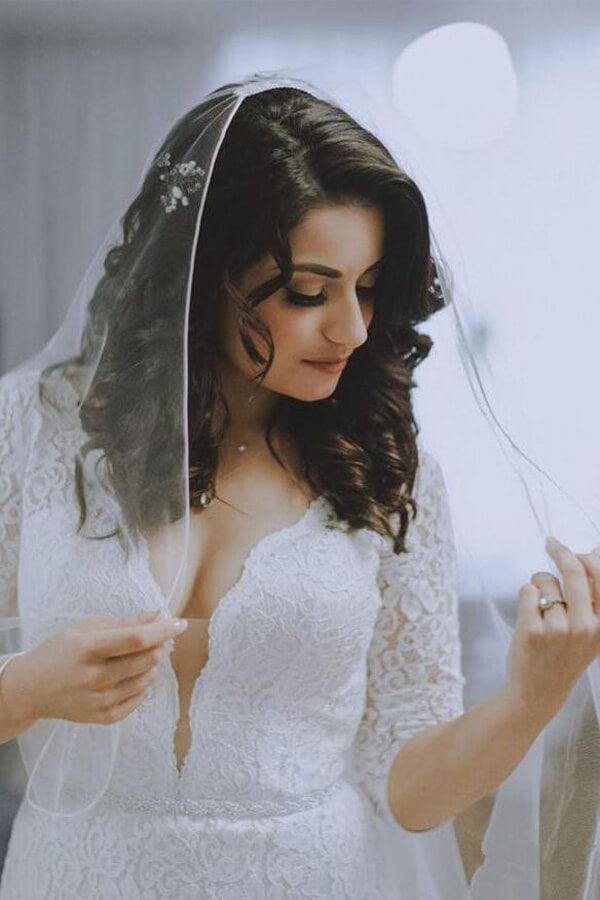 NumberSea White Lace Mermaid Half Sleeves V-neck Wedding Dresses, Bridal Gown