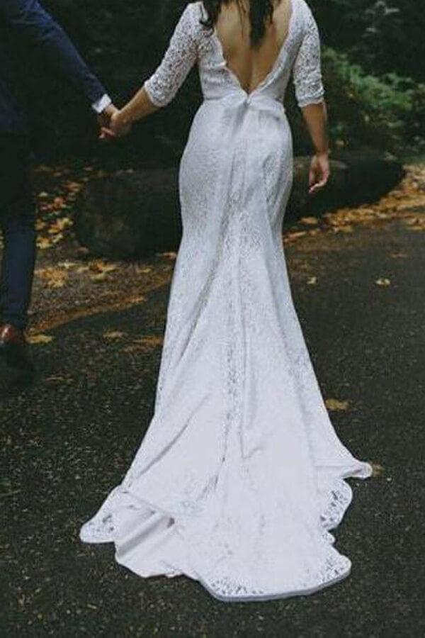 NumberSea White Lace Mermaid Half Sleeves V-neck Wedding Dresses, Bridal Gown