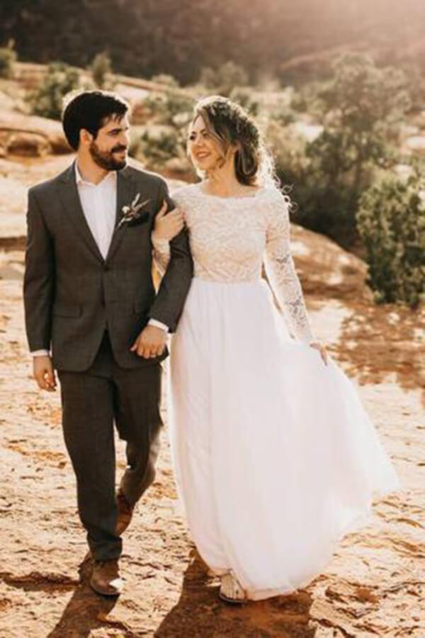 NumberSea White Lace Tulle Long Sleeves Beach Wedding Dresses, Bridal Dress