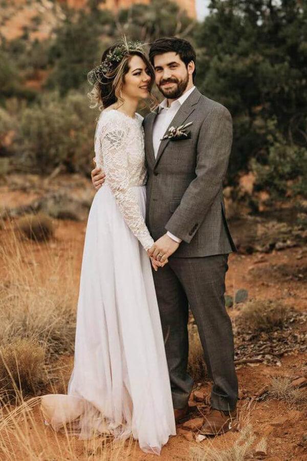 NumberSea White Lace Tulle Long Sleeves Beach Wedding Dresses, Bridal Dress