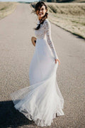 NumberSea White Lace Tulle Long Sleeves Beach Wedding Dresses, Bridal Dress