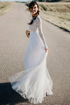 NumberSea White Lace Tulle Long Sleeves Beach Wedding Dresses, Bridal Dress