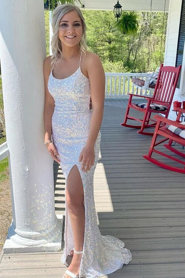 Mermaid Sequins Backless Slit Prom Dresses, Long Formal Dress