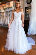NumberSea White Tulle A-line Long Wedding Dresses With Lace Appliques, Bridal Gown, MW629