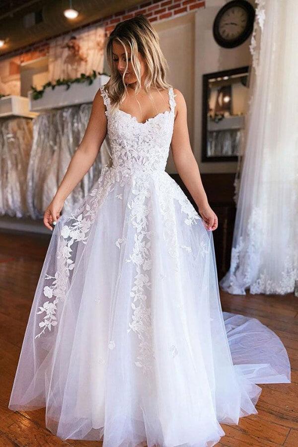 NumberSea White Tulle A-line Long Wedding Dresses With Lace Appliques, Bridal Gown, MW629