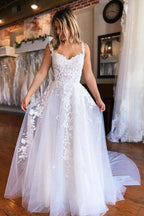 NumberSea White Tulle A-line Long Wedding Dresses With Lace Appliques, Bridal Gown, MW629