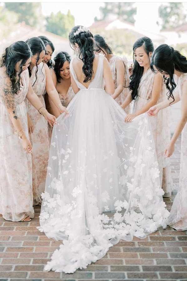 NumberSea White Tulle A-line V-neck Flowers Beach Wedding Dresses, Bridal Gowns