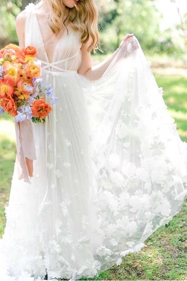 NumberSea White Tulle A-line V-neck Flowers Beach Wedding Dresses, Bridal Gowns