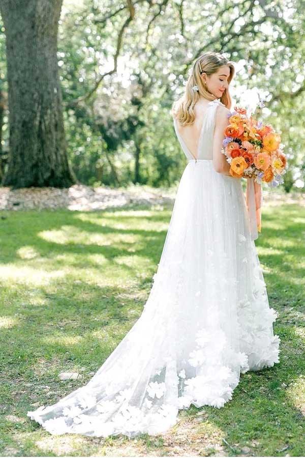 NumberSea White Tulle A-line V-neck Flowers Beach Wedding Dresses, Bridal Gowns