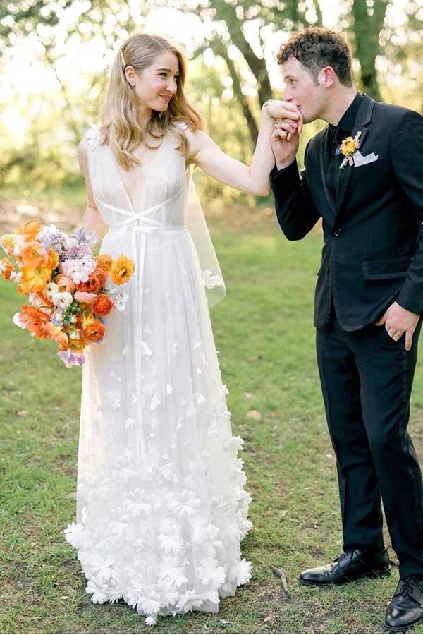 NumberSea White Tulle A-line V-neck Flowers Beach Wedding Dresses, Bridal Gowns