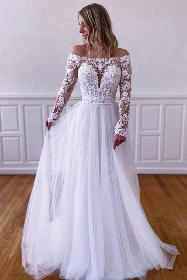 NumberSea White Tulle Lace A-line Long Sleeves Wedding Dresses, Wedding Gowns